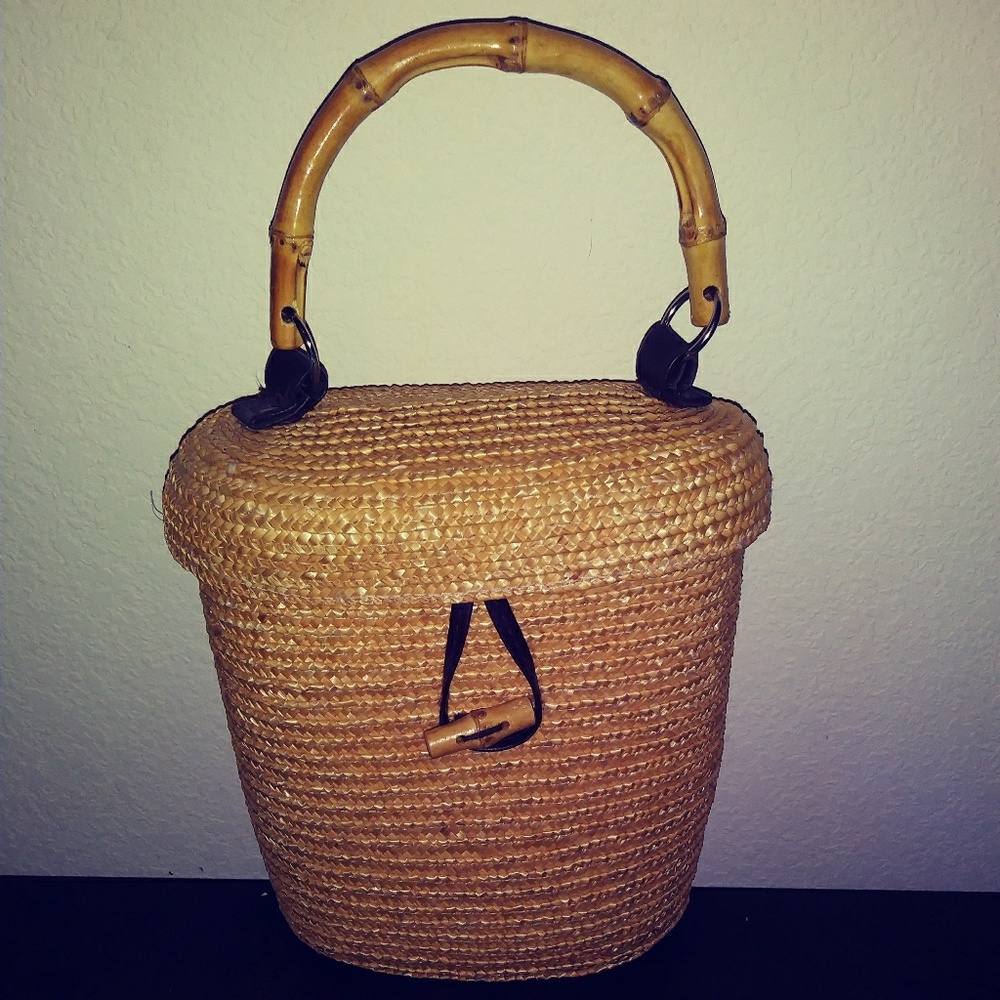 Wicker/ Tweed Purse with a Bamboo Handle